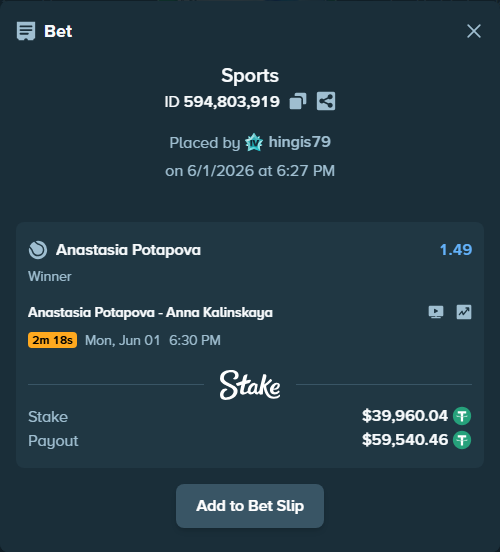 Bet slip: Anastasia Potapova - Anna Kalinskaya, $40,000.00 stake at 1.49 odds, placed by hingis79