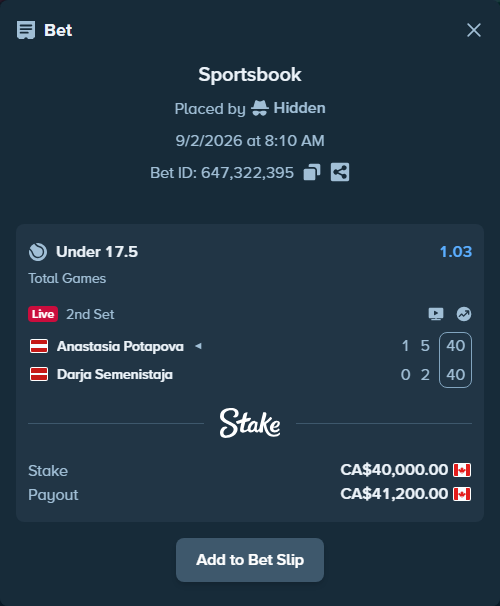 Bet slip: Anastasia Potapova - Darja Semenistaja, $29,600.00 stake at 1.03 odds, placed by Hidden