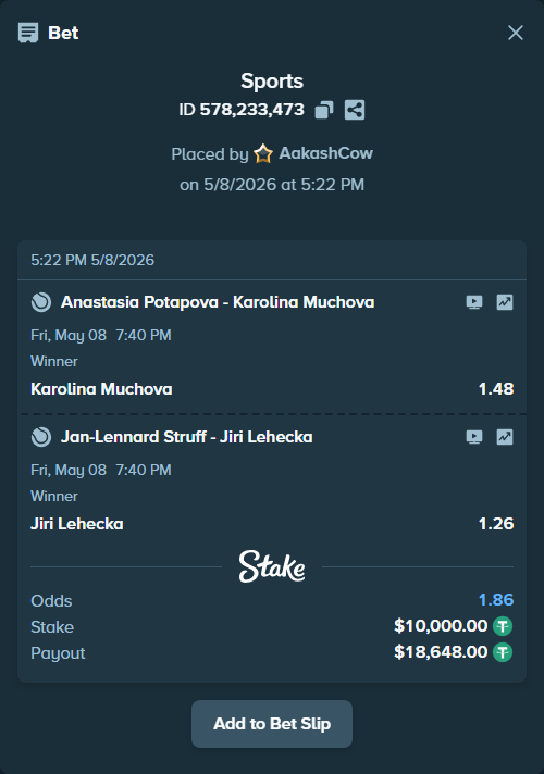 Bet slip: Anastasia Potapova - Karolina Muchova, $10,000.00 stake at 1.48 odds, placed by AakashCow