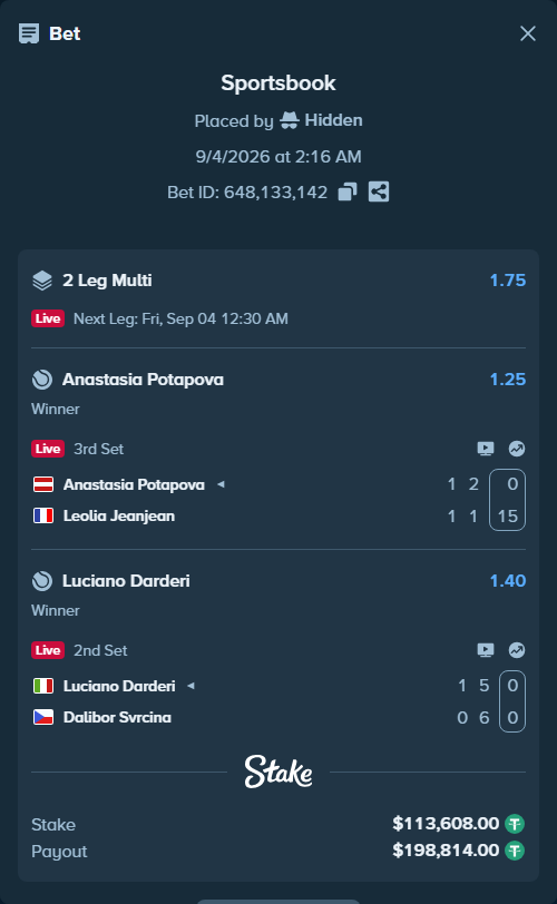 Bet slip: Anastasia Potapova - Leolia Jeanjean, $113,608.00 stake at 1.25 odds, placed by Hidden