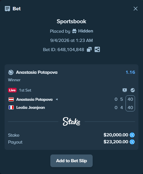 Bet slip: Anastasia Potapova - Leolia Jeanjean, $20,000.00 stake at 1.16 odds, placed by Hidden