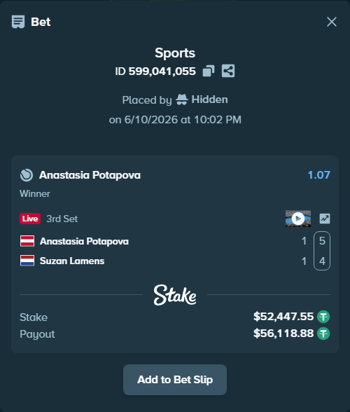Bet slip: Anastasia Potapova - Suzan Lamens, $52,500.00 stake at 1.07 odds, placed by piropiro12