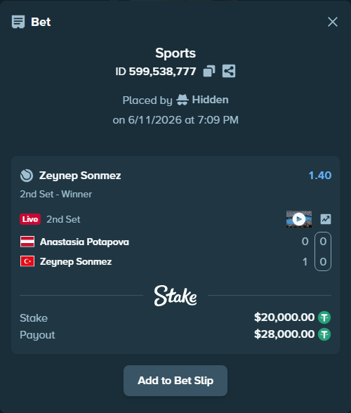 Bet slip: Anastasia Potapova - Zeynep Sonmez, $20,020.00 stake at 1.40 odds, placed by Hidden