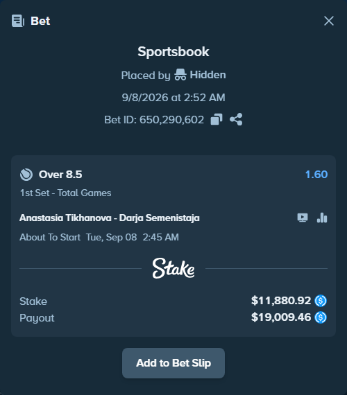 Bet slip: Anastasia Tikhanova - Darja Semenistaja, $11,880.92 stake at 1.60 odds, placed by Hidden