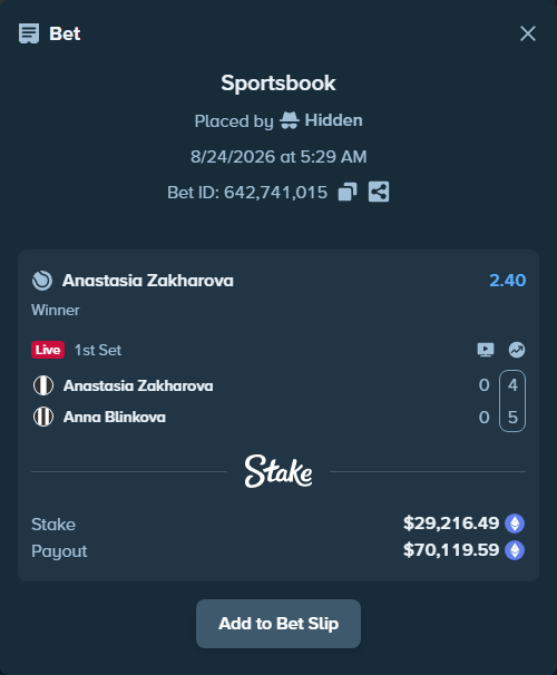Bet slip: Anastasia Zakharova - Anna Blinkova, $29,579.25 stake at 2.40 odds, placed by Hidden