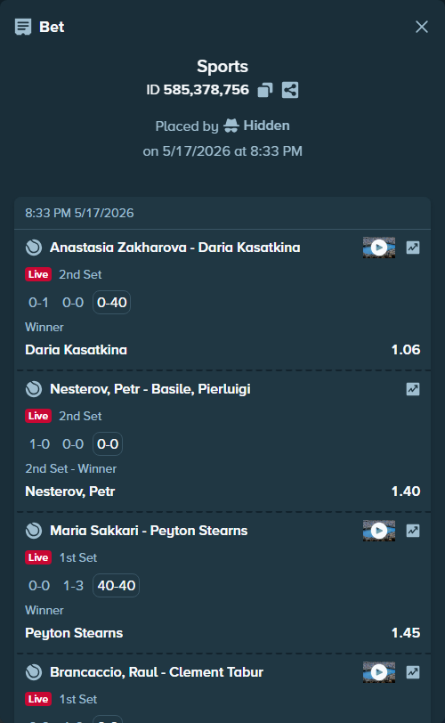Bet slip: Anastasia Zakharova - Daria Kasatkina, $10,000.00 stake at 1.06 odds, placed by Hidden
