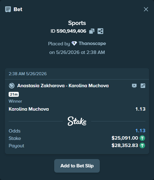 Bet slip: Anastasia Zakharova - Karolina Muchova, $25,091.00 stake at 1.13 odds, placed by Thanoscape