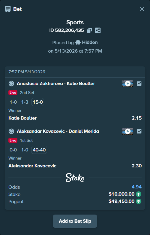 Bet slip: Anastasia Zakharova - Katie Boulter, $10,000.00 stake at 2.15 odds, placed by Hidden