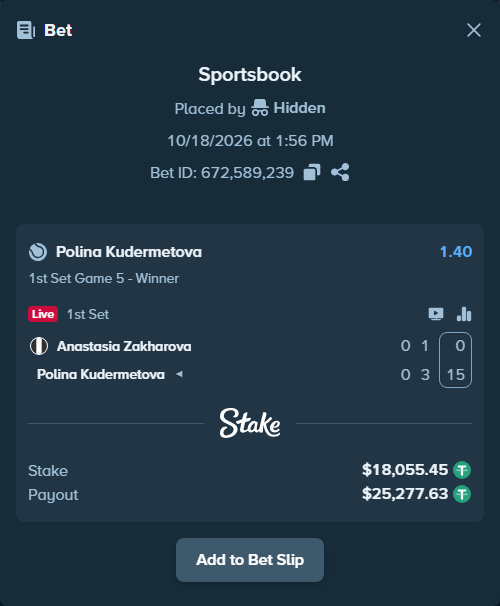 Bet slip: Anastasia Zakharova - Polina Kudermetova, $18,073.50 stake at 1.40 odds, placed by Hidden