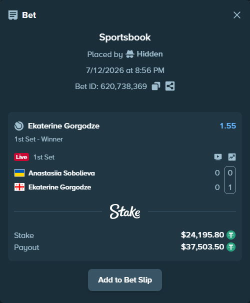 Bet slip: Anastasiia Sobolieva - Ekaterine Gorgodze, $24,220.00 stake at 1.55 odds, placed by Hidden