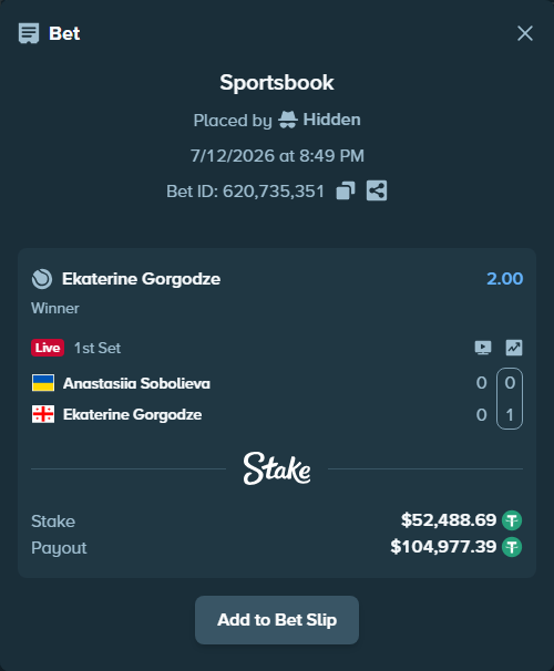 Bet slip: Anastasiia Sobolieva - Ekaterine Gorgodze, $52,541.18 stake at 2.00 odds, placed by Hidden