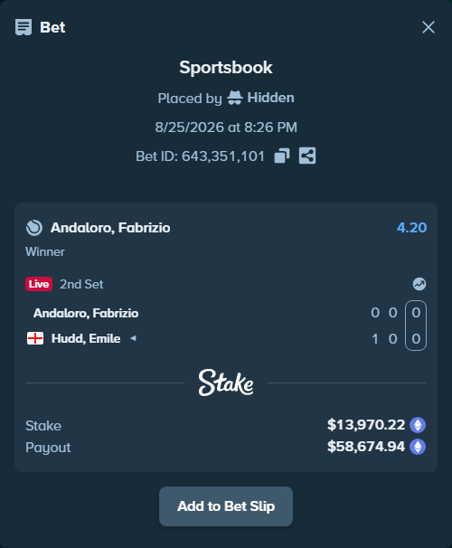Bet slip: Andaloro, Fabrizio - Hudd, Emile, $13,900.30 stake at 4.20 odds, placed by Hidden