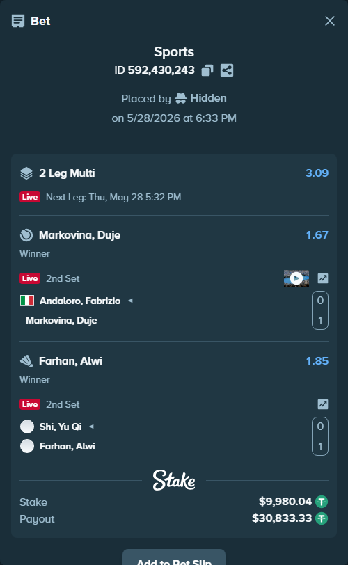 Bet slip: Andaloro, Fabrizio - Markovina, Duje, $10,000.00 stake at 1.67 odds, placed by Hidden