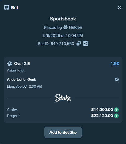Bet slip: Anderlecht - Genk, $14,000.00 stake at 1.58 odds, placed by Hidden