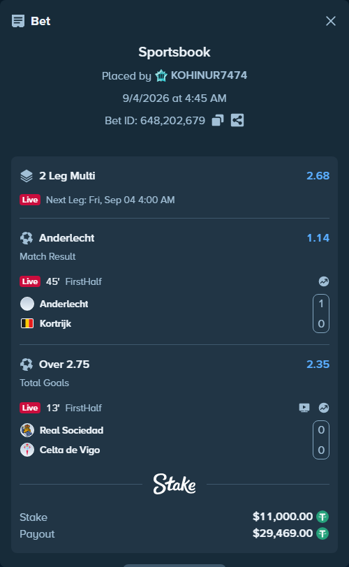 Bet slip: Anderlecht - KV Kortrijk, $11,000.00 stake at 1.14 odds, placed by KOHINUR7474