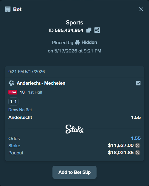 Bet slip: Anderlecht - Mechelen, $9,407.87 stake at 1.55 odds, placed by Hidden