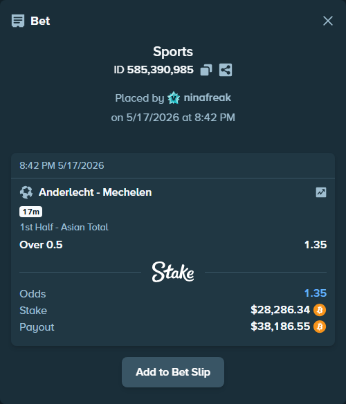 Bet slip: Anderlecht - Mechelen, $23,149.09 stake at 1.35 odds, placed by ninafreak
