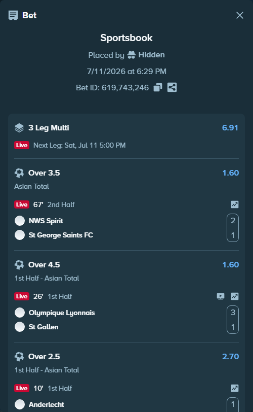 Bet slip: Anderlecht - NEC Nijmegen, $10,000.00 stake at 2.70 odds, placed by Hidden