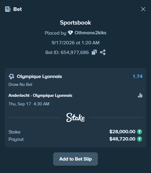 Bet slip: Anderlecht - Olympique Lyonnais, $28,000.00 stake at 1.74 odds, placed by Othmane2kiks