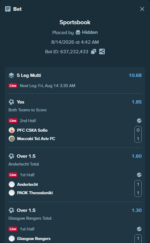 Bet slip: Anderlecht - PAOK Thessaloniki, $23,165.55 stake at 1.60 odds, placed by Hidden
