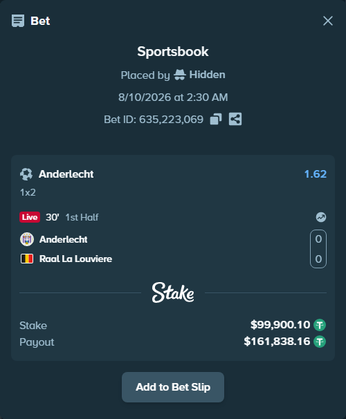 Bet slip: Anderlecht - RAAL La Louviere, $100,000.00 stake at 1.62 odds, placed by Hidden