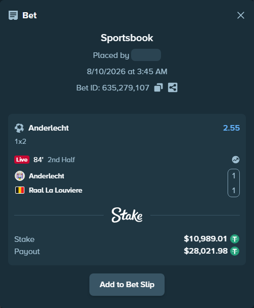 Bet slip: Anderlecht - RAAL La Louviere, $11,000.00 stake at 2.55 odds, placed by ArdianHertica