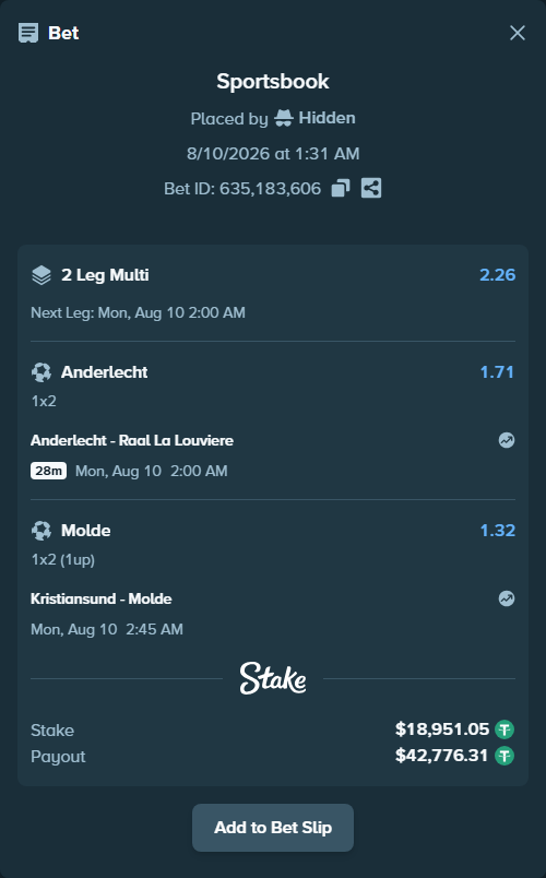 Bet slip: Anderlecht - RAAL La Louviere, $18,970.00 stake at 1.71 odds, placed by Hidden