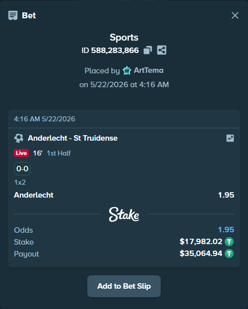 Bet slip: Anderlecht - St Truidense, $18,000.00 stake at 1.95 odds, placed by ArtTema