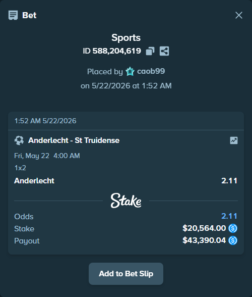 Bet slip: Anderlecht - St Truidense, $20,564.00 stake at 2.11 odds, placed by caob99