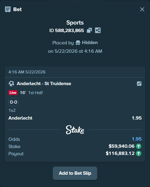 Bet slip: Anderlecht - St Truidense, $60,000.00 stake at 1.95 odds, placed by Hidden