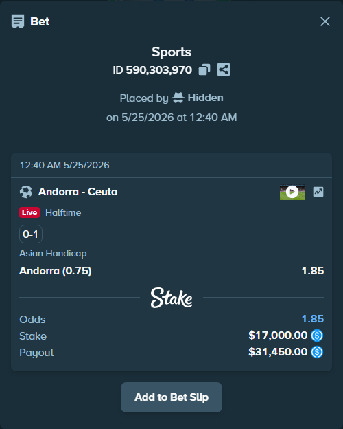 Bet slip: Andorra - Ceuta, $17,000.00 stake at 1.85 odds, placed by Hidden
