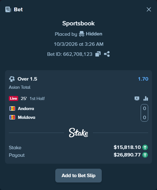 Bet slip: Andorra - Moldova, $15,818.10 stake at 1.70 odds, placed by Hidden