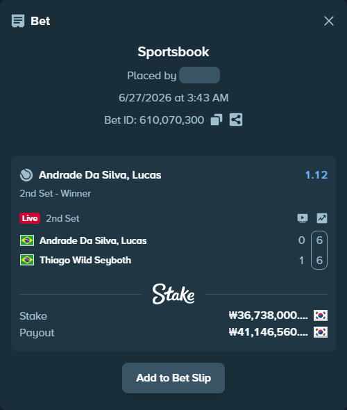 Bet slip: Andrade Da Silva, Lucas - Thiago Wild Seyboth, $27,553.50 stake at 1.12 odds, placed by piropiro12