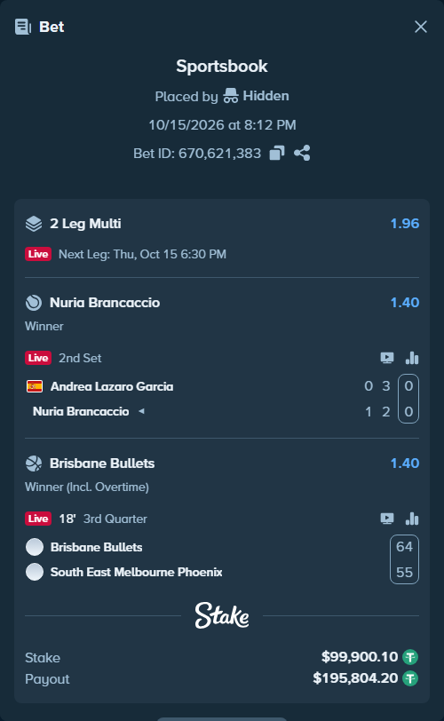Bet slip: Andrea Lazaro Garcia - Nuria Brancaccio, $100,000.00 stake at 1.40 odds, placed by Hidden