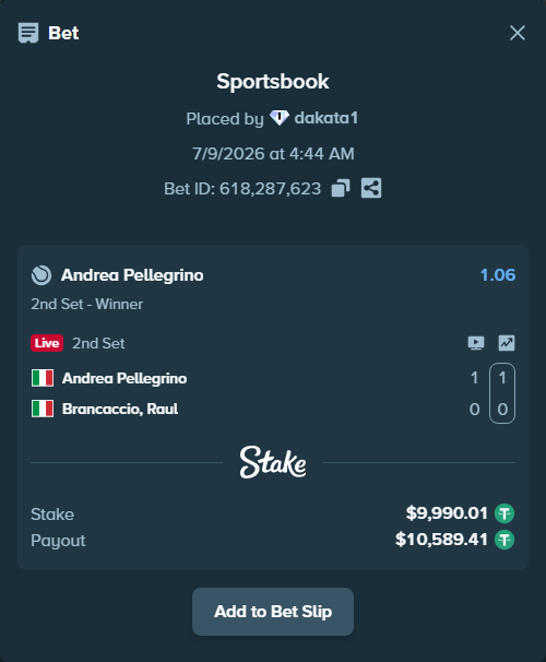 Bet slip: Andrea Pellegrino - Brancaccio, Raul, $10,000.00 stake at 1.06 odds, placed by dakata1