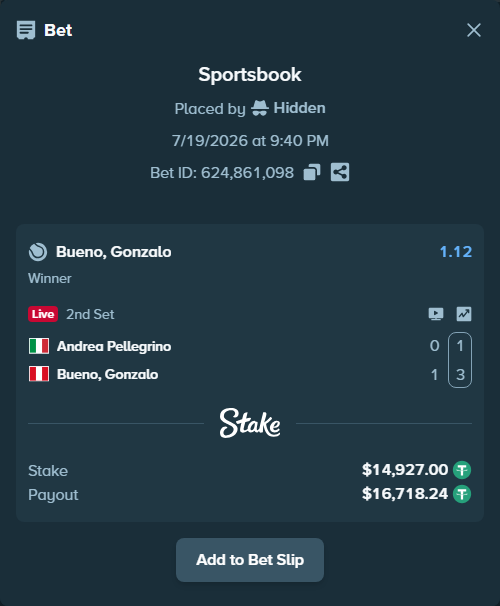 Bet slip: Andrea Pellegrino - Bueno, Gonzalo, $14,927.00 stake at 1.12 odds, placed by Hidden