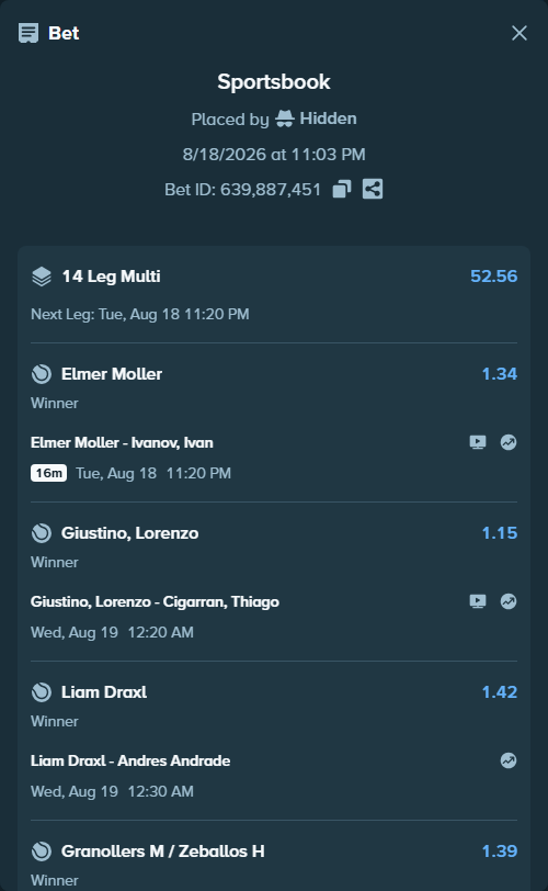 Bet slip: Andrea Pellegrino - Nishesh Basavareddy, $10,000.00 stake at 1.31 odds, placed by Hidden