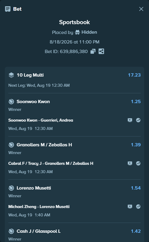 Bet slip: Andrea Pellegrino - Nishesh Basavareddy, $27,246.00 stake at 1.31 odds, placed by Hidden
