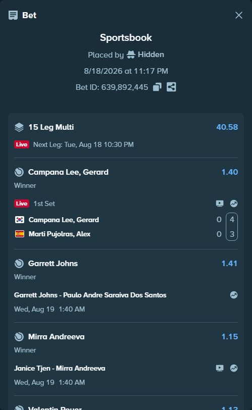 Bet slip: Andrea Pellegrino - Nishesh Basavareddy, $35,000.40 stake at 1.31 odds, placed by Hidden