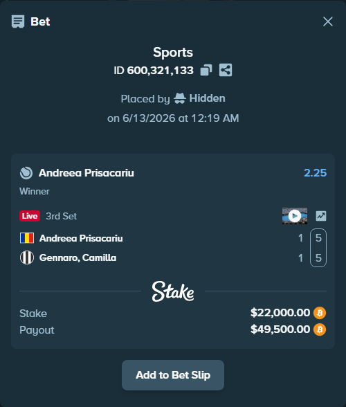 Bet slip: Andreea Prisacariu - Gennaro, Camilla, $22,332.80 stake at 2.25 odds, placed by Hidden