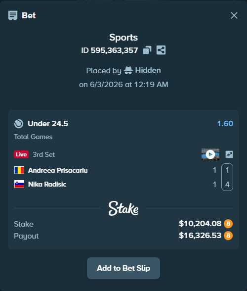 Bet slip: Andreea Prisacariu - Nika Radisic, $9,649.50 stake at 1.60 odds, placed by Hidden