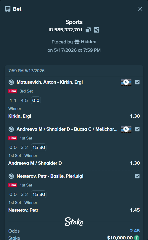 Bet slip: Andreeva M / Shnaider D - Bucsa C / Melichar-Martinez N, $10,000.00 stake at 1.30 odds, placed by Hidden