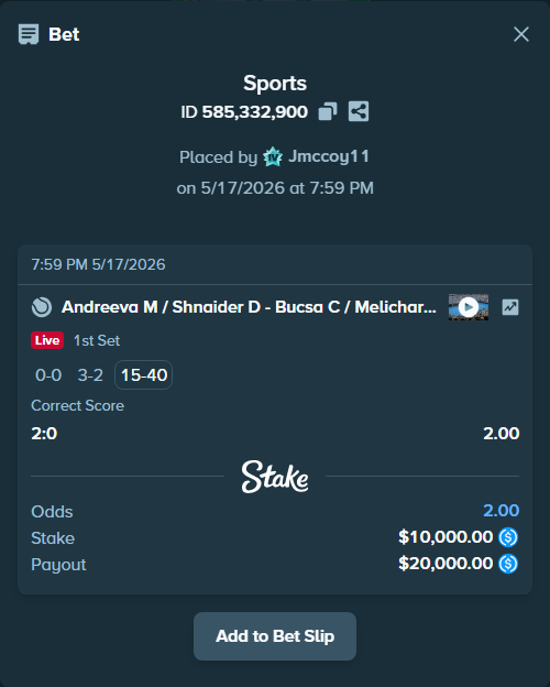 Bet slip: Andreeva M / Shnaider D - Bucsa C / Melichar-Martinez N, $10,000.00 stake at 2.00 odds, placed by Jmccoy11