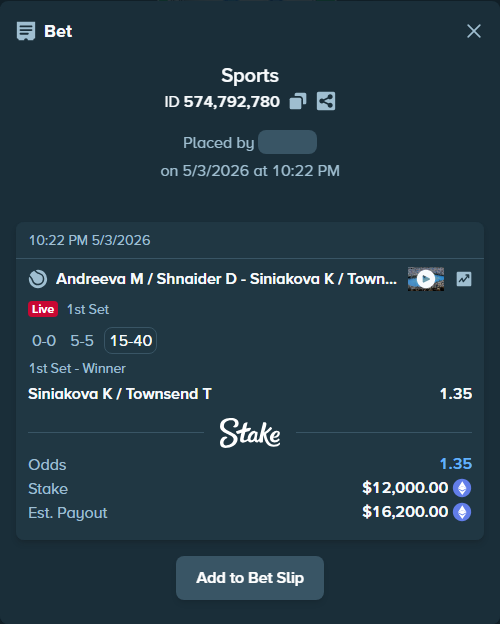 Bet slip: Andreeva M / Shnaider D - Siniakova K / Townsend T, $8,962.13 stake at 1.35 odds, placed by AustinAlgamus