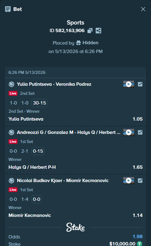 Bet slip: Andreozzi G / Gonzalez M - Halys Q / Herbert P-H, $10,000.00 stake at 1.65 odds, placed by Hidden