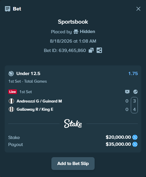 Bet slip: Andreozzi G / Guinard M - Galloway R / King E, $20,000.00 stake at 1.75 odds, placed by Hidden