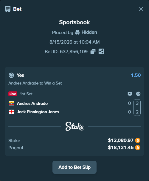 Bet slip: Andres Andrade - Jack Pinnington Jones, $12,079.76 stake at 1.50 odds, placed by Hidden