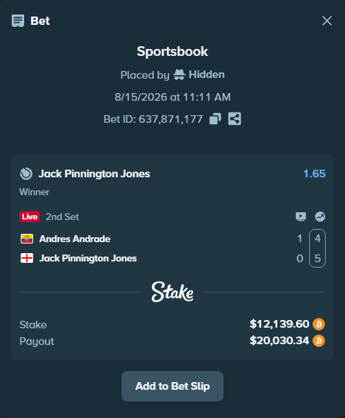 Bet slip: Andres Andrade - Jack Pinnington Jones, $12,128.75 stake at 1.65 odds, placed by Hidden