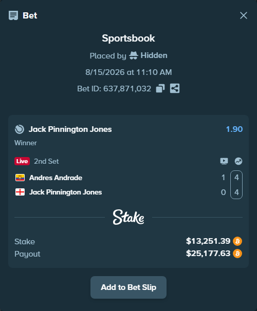 Bet slip: Andres Andrade - Jack Pinnington Jones, $13,275.73 stake at 1.90 odds, placed by Hidden