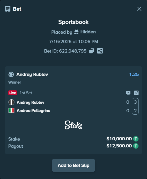 Bet slip: Andrey Rublev - Andrea Pellegrino, $10,000.00 stake at 1.25 odds, placed by Hidden